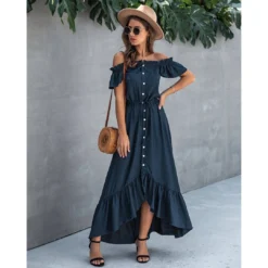 J+j Dresses Navy Off Shoulder Button Down Dress 12 J+j Dresses Navy Off Shoulder Button Down Dress