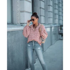 J+j Pink Swiss Dot Bishop Sleeve Button Blouse Tops