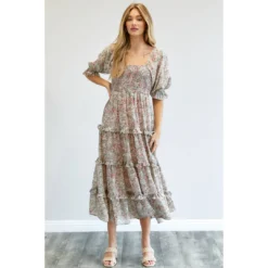 J+j Pink Floral Smocked Maxi Dress Dresses