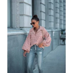 J+j Pink Swiss Dot Bishop Sleeve Button Blouse Tops