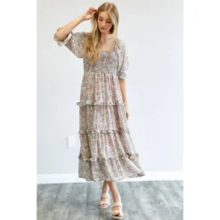 J+j Pink Floral Smocked Maxi Dress Dresses