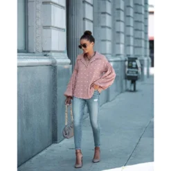 J+j Pink Swiss Dot Bishop Sleeve Button Blouse Tops