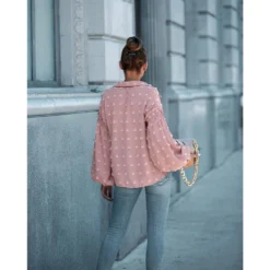 J+j Pink Swiss Dot Bishop Sleeve Button Blouse Tops