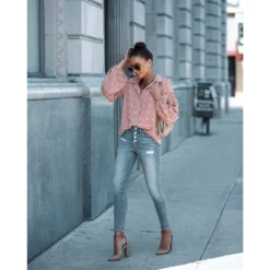 J+j Pink Swiss Dot Bishop Sleeve Button Blouse Tops