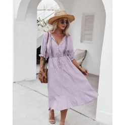 J+j Dresses Purple Crochet Detail Puff Sleeve Dress