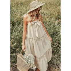 J+j Beige Ribbon Detail Tiered Maxi Dress