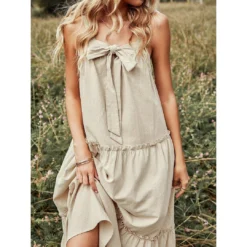 J+j Beige Ribbon Detail Tiered Maxi Dress