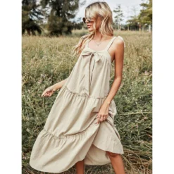 J+j Beige Ribbon Detail Tiered Maxi Dress
