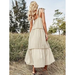 J+j Beige Ribbon Detail Tiered Maxi Dress