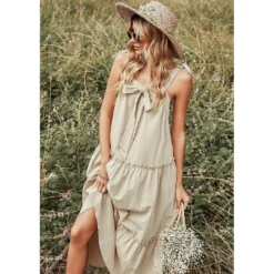 J+j Beige Ribbon Detail Tiered Maxi Dress