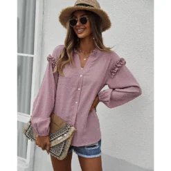 J+j Pink Ruffle Detail Button Down Blouse