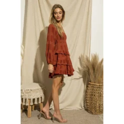 J+j Rust Ruffle Tiered Dress