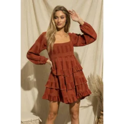J+j Rust Ruffle Tiered Dress