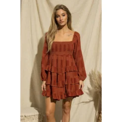 J+j Rust Ruffle Tiered Dress