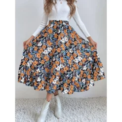 J+j Skirts Blue Gartered Floral Midi Skirt