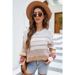 J+j Tops White Multi Striped Oversized Long Sleeve Sweater
