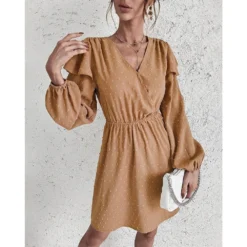 J+j Dresses Beige Surplice Swiss Dot Light Dress