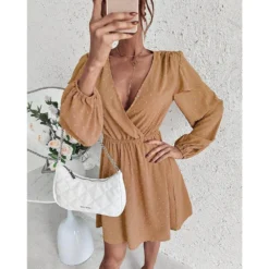 J+j Dresses Beige Surplice Swiss Dot Light Dress