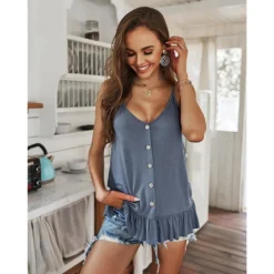 J+j Tops Blue Button Down Ruffle Hem Top