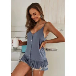 J+j Tops Blue Button Down Ruffle Hem Top