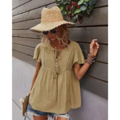 J+j Tops Beige Tie Neck Flowy Sleeve Blouse