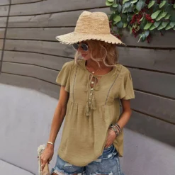 J+j Tops Beige Tie Neck Flowy Sleeve Blouse