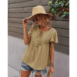 J+j Tops Beige Tie Neck Flowy Sleeve Blouse