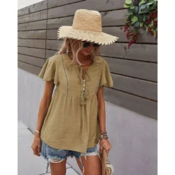 J+j Tops Beige Tie Neck Flowy Sleeve Blouse