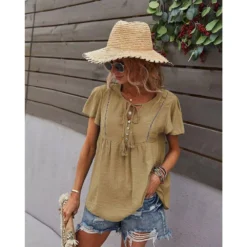 J+j Tops Beige Tie Neck Flowy Sleeve Blouse