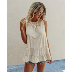 J+j Tops Beige Round Neck Tiered Hem Blouse