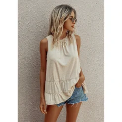 J+j Tops Beige Round Neck Tiered Hem Blouse