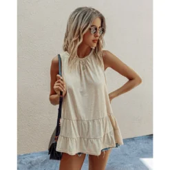 J+j Tops Beige Round Neck Tiered Hem Blouse