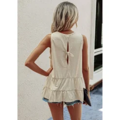 J+j Tops Beige Round Neck Tiered Hem Blouse