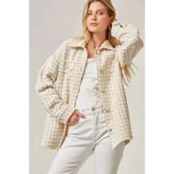 J+j Ivory Beige Oversized Tweed Jacket Outerwear